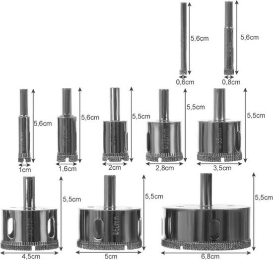 Tegelborenset 10-delig - Diamantboor set diamantboren maat 6 / 68mm - type gatzaag - tegelboren - diamantboor