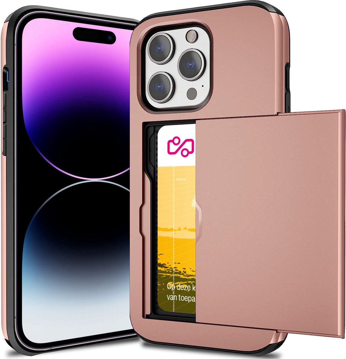 Hoesje met Pasjeshouder geschikt voor iPhone 14 Pro Max - Back Cover SlideCase Roségoud