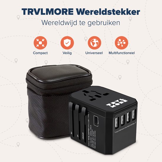 TRVLMORE Wereldstekker Universeel - Reisstekker - USB C en USB A - 150+ Landen - Engeland (UK), Amerika (USA), Azië, Australië, Afrika, Zuid-Afrika, Europa - Thailand, Italië, Canada, India, Mexico, Curaçao, Japan - Type A, B, C, E, F, G, I, J, L, N