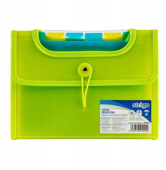 Classeur accordéon vert avec fermeture à bouton-pression, rabats transparents et onglets colorés. Strigo A5.