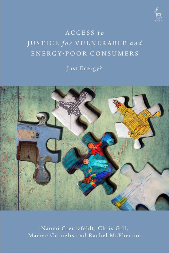 Pièces de puzzle représentant une tour d'électricité, des personnes colorées et une roue à aubes, sur une surface en bois bleu vieilli. Texte : ACCESS to JUSTICE for VULNERABLE and ENERGY-POOR CONSUMERS.