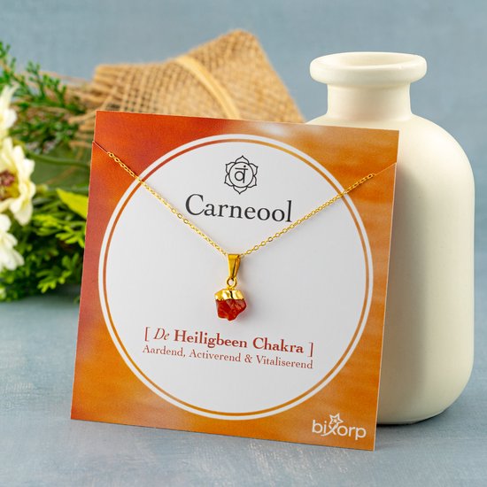 Gouden ketting met ruwe oranje steen op kaartje 'Carneool De Heiligbeen Chakra'.