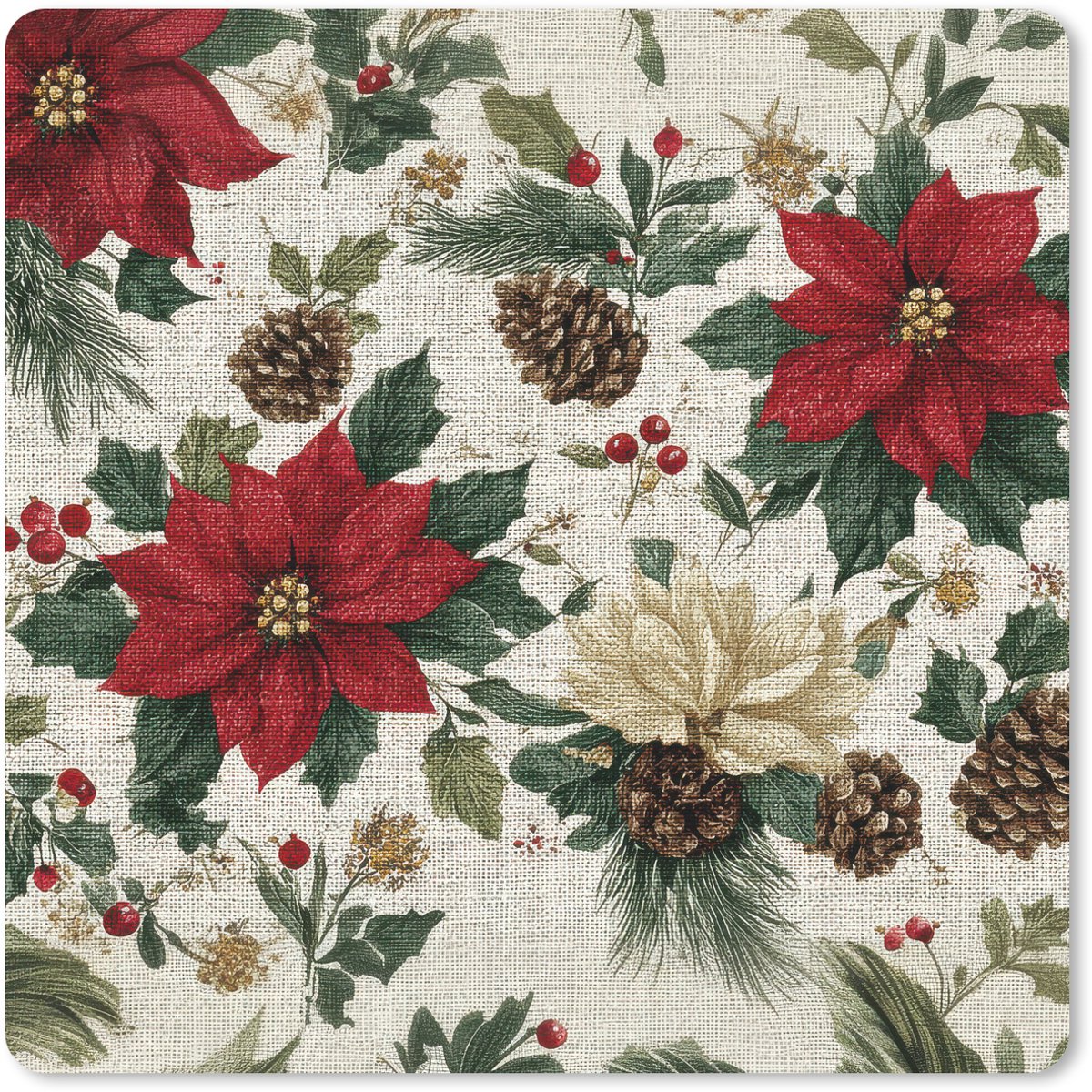 Muismat 20x20 cm - Mousepad Feestelijk - Textielpatroon - Kerstbloemen - Kleurrijk - Muismatten