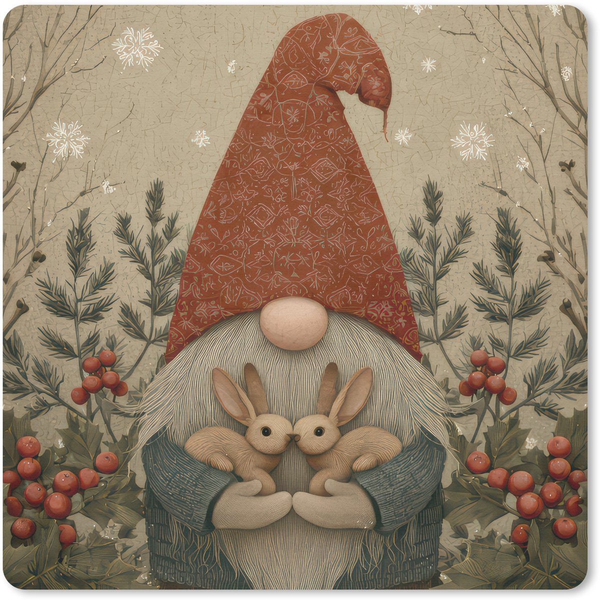 Muismat 30x30 cm - Mousepad Kerstgnome - Konijntjes - Kleurrijk - Muismatten