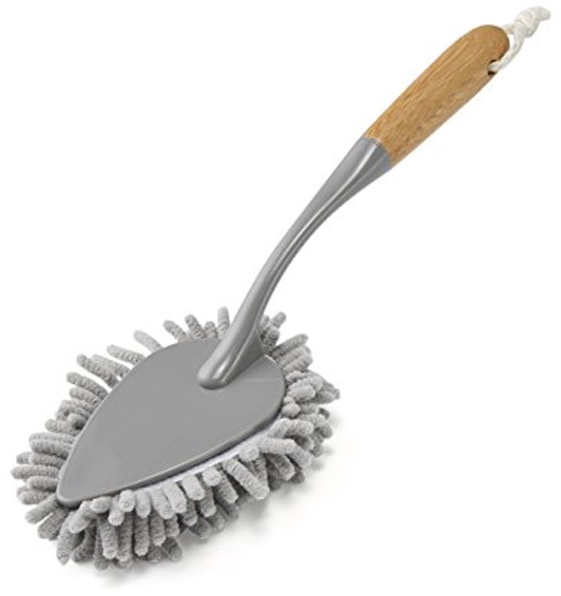Chenille Duster met Bamboe Handvat - Grijs/Hout, Compacte Afmetingen