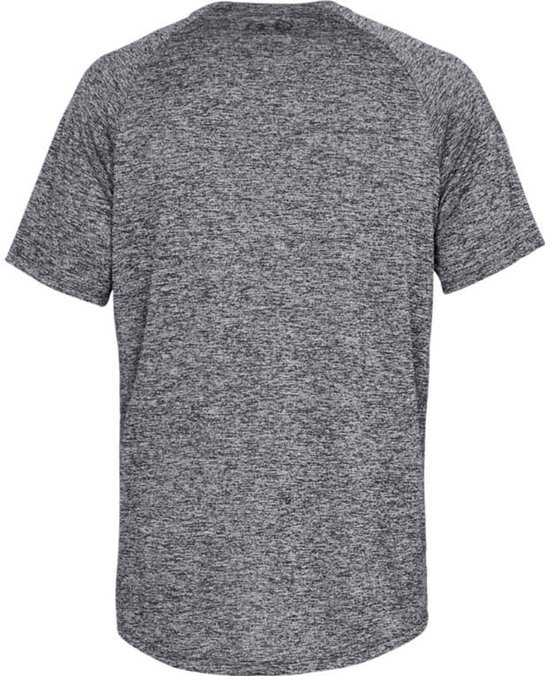 Donkergrijs gemêleerd Under Armour sportshirt met korte mouwen, achterkant zichtbaar.