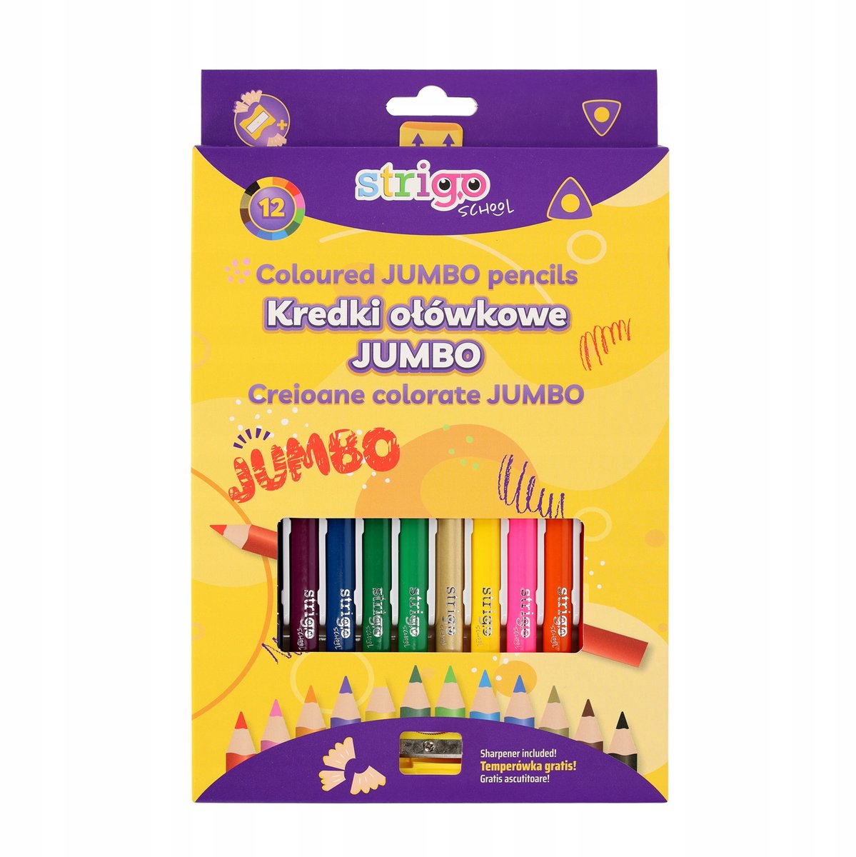 Strigo Jumbo Driehoekige Kleurpoldoden Set - 12 Kleuren met Puntenslijper
