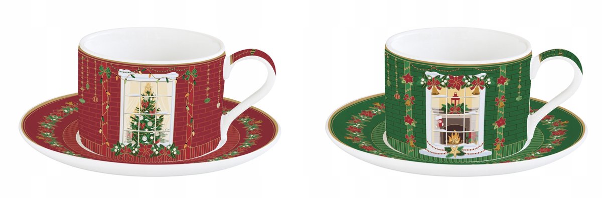 Easy Life Kerstmokken Set 2 stuks 240 ml Porselein met Schotels