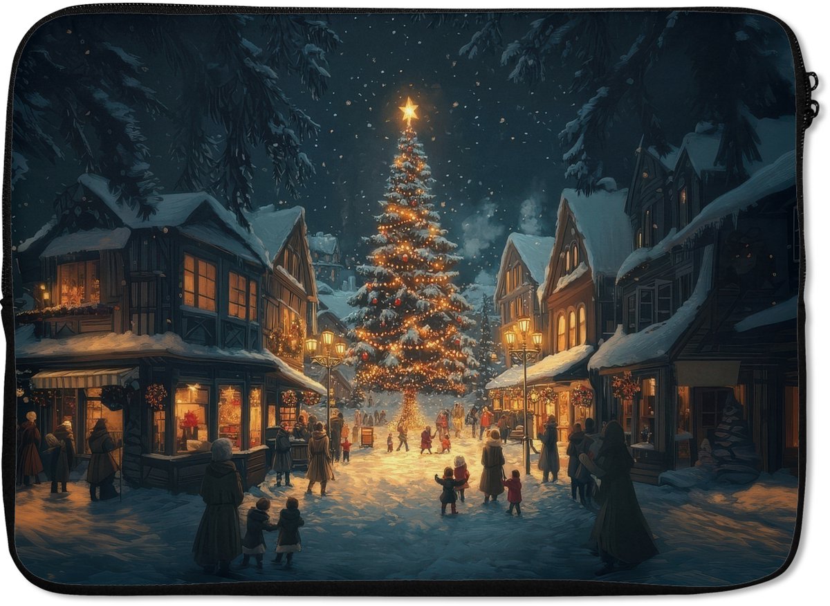 Laptophoes 14 inch - Kerstfeest - Dorp - Donker - Laptop sleeve - Binnenmaat 33x23 cm - Zwarte achterkant