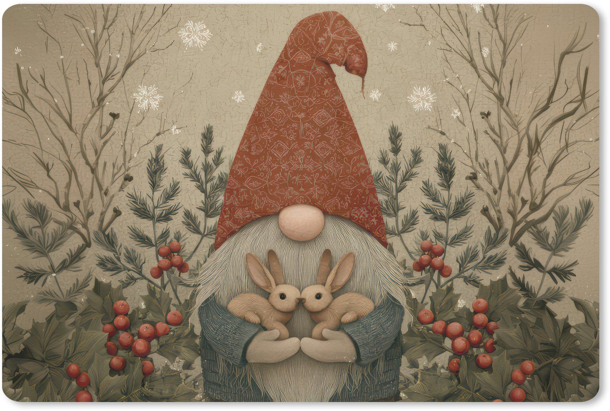 Muismat 27x18 cm - Mousepad Kerstgnome - Konijntjes - Kleurrijk - Muismatten