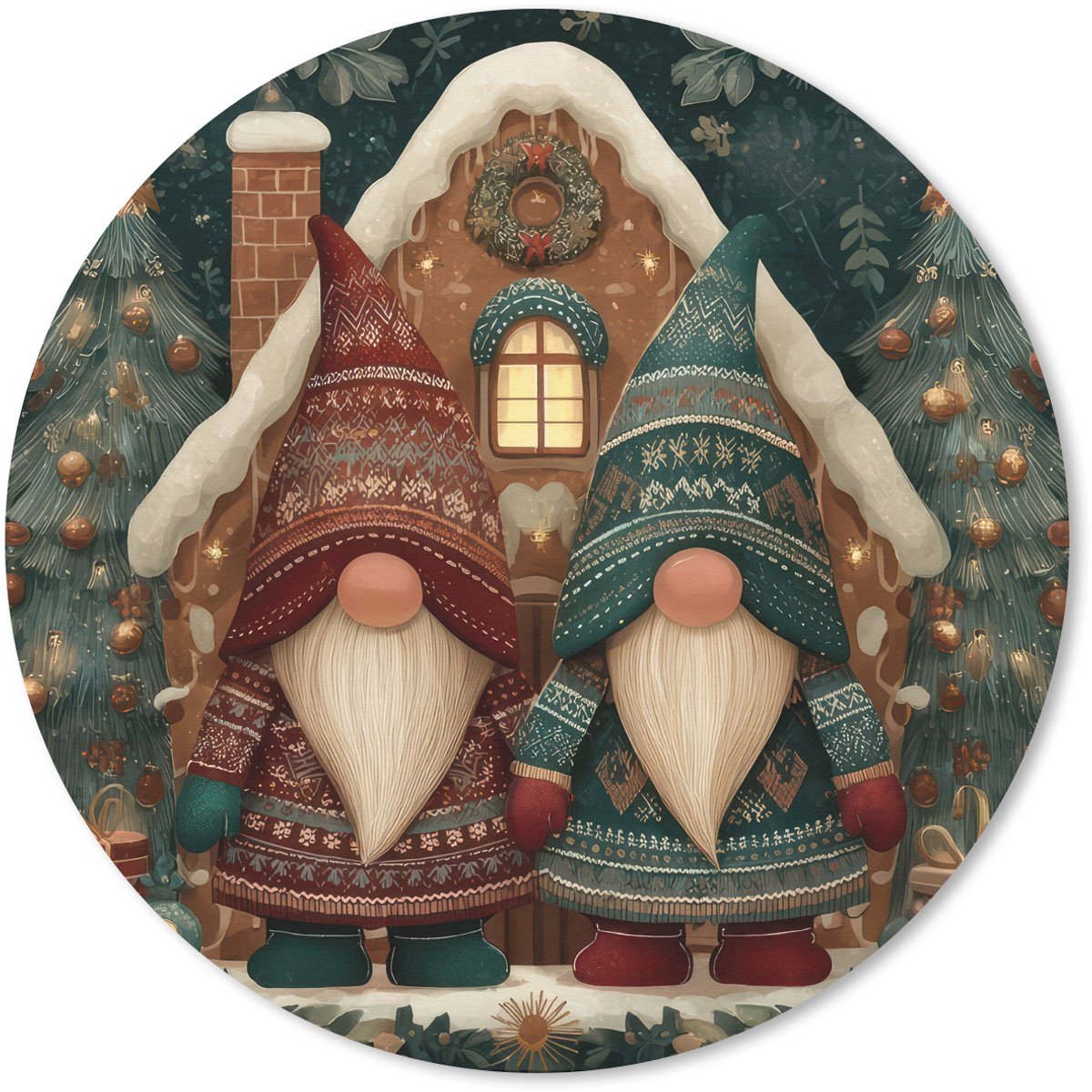 Muismat rond 20x20 cm - Mousepad Kerst - Gnomen - Peperkoekhuisje - Rood - Groen - Ronde muismatten