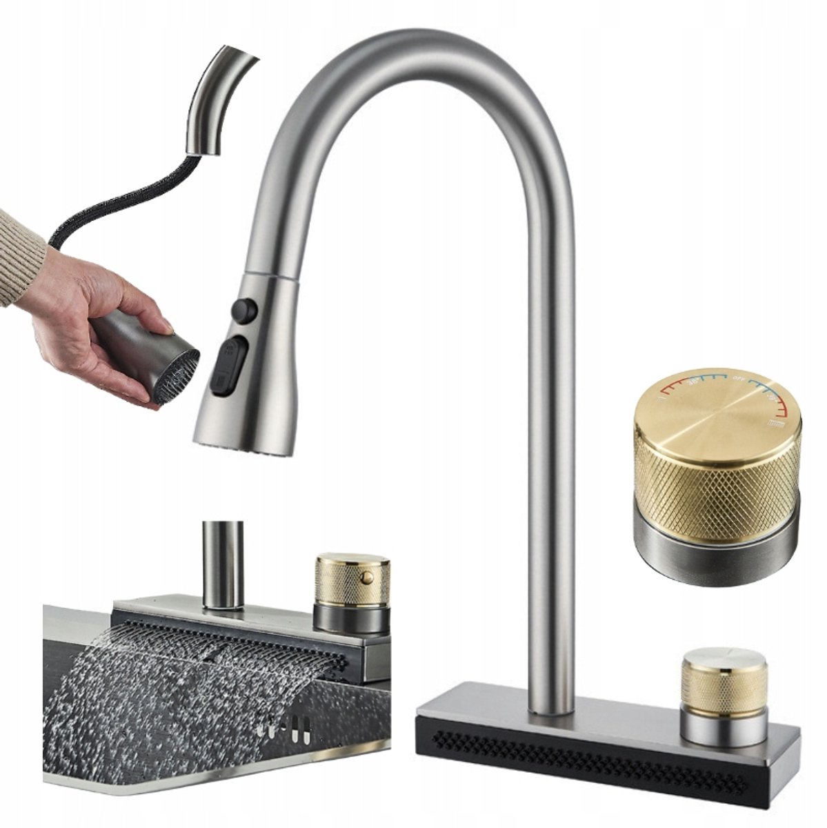 Keukenmengkraan RVS met flexibele uitloop & watervalfunctie