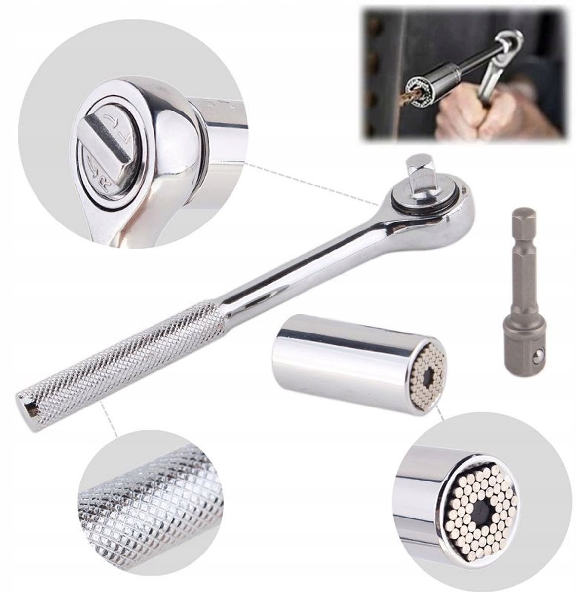 Falon Tech Universele Dopsleutel - 7-19mm - Ratelsleutel 3/8" - CrV Staal - Met Adapter