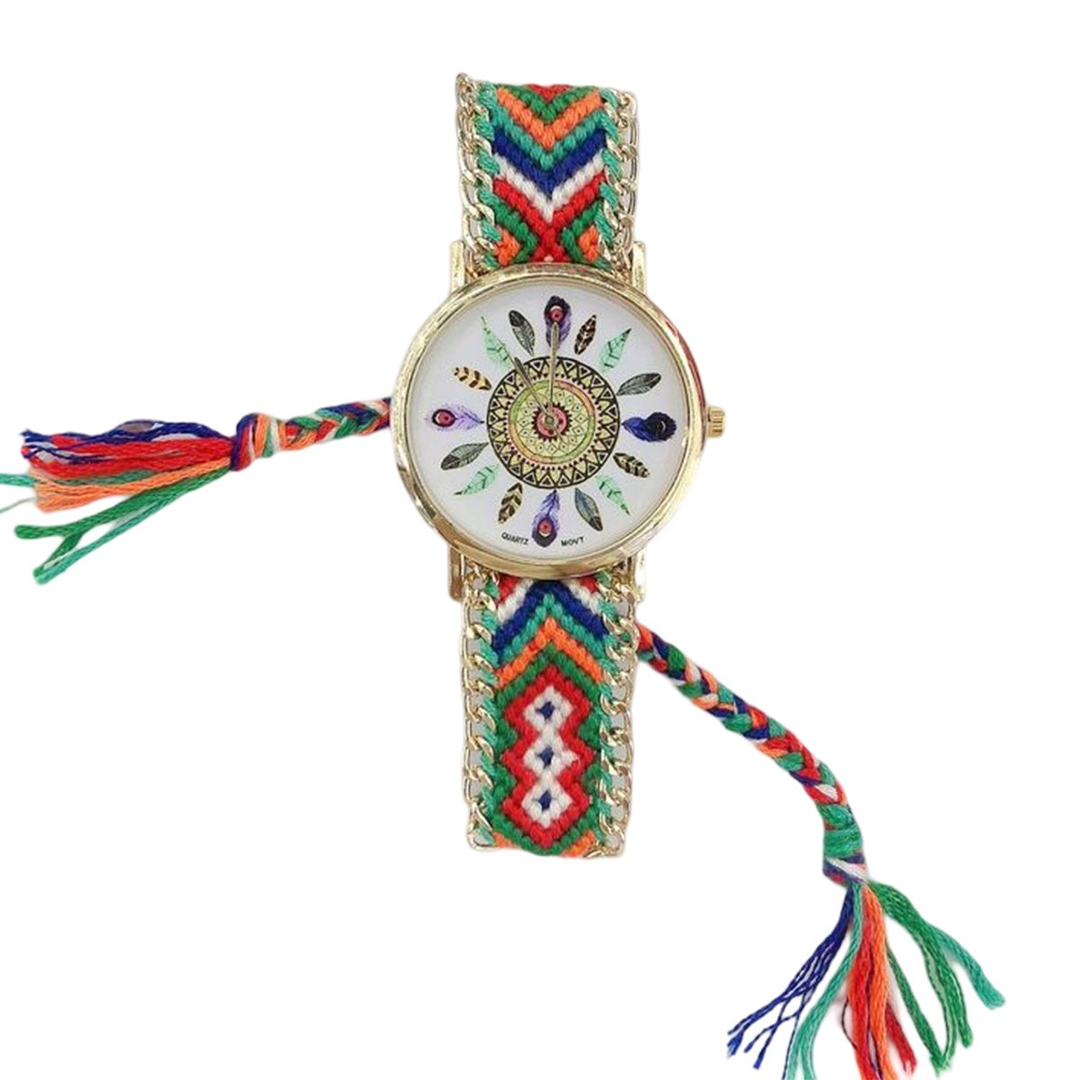 Dameshorloge met geweven vlechtwerk - Ronde wijzerplaat met bloemen - Kwarts polshorloge - Handgemaakt etnisch verstelbaar - Trekkoord geweven armbandhorloge - voor Kerstmis