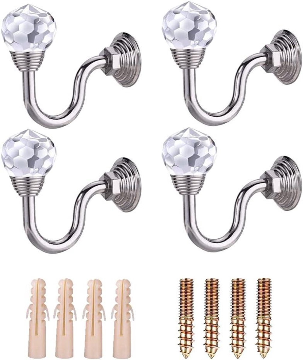Allecto Plus - Kristallen Gordijn Haken Set van 4 - Metalen Gordijn Wandhouders voor Raamdecoratie - Creatieve Kristal Gordijnbinders (Zilver)