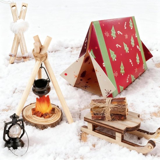 Accessoireset voor Kerstdorp met miniatuurtent, slee en kampvuur