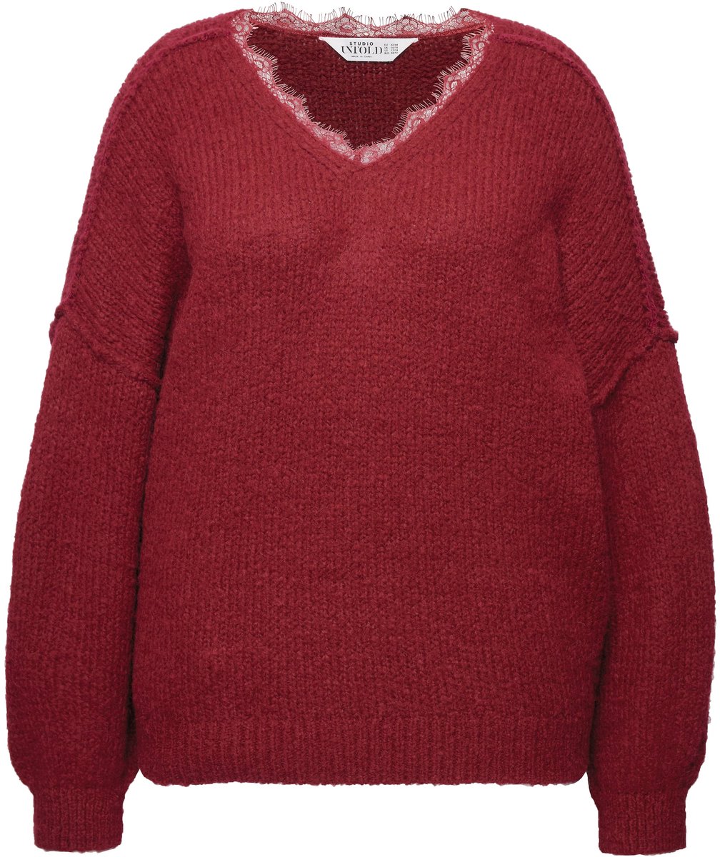 Studio Untold - Dames - Trui V-hals met kant wijde lange mouw - Donkerrood - Maat 46+