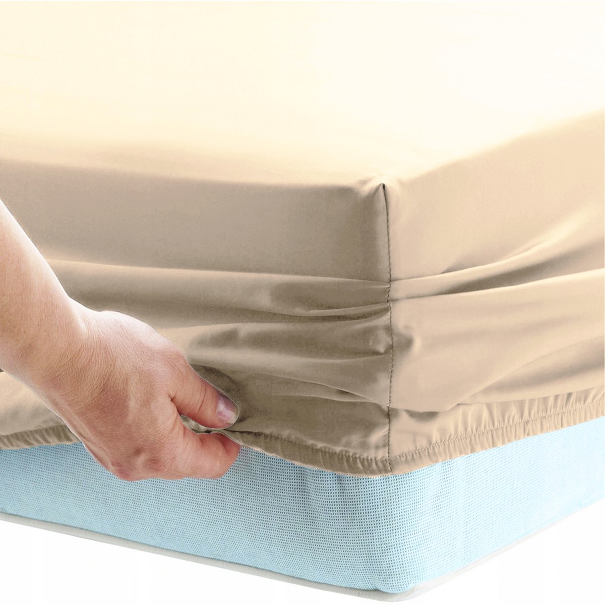 Lichtbeige Katoenen Hoeslaken 200x220cm met Elastiek, 25cm Hoog