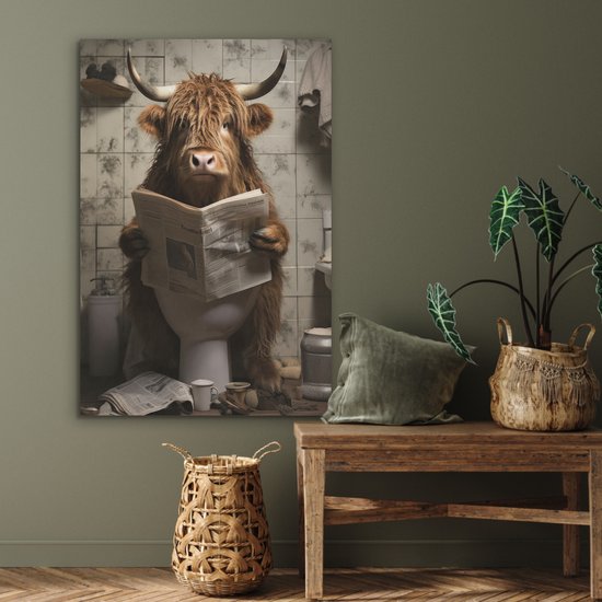 Akoestisch wandpaneel 70x100 cm - Vilt schilderij Schotse hooglander - Toilet - Krant - Badkamer - Akoestische panelen - Geluidsdempende wanddecoratie - Geluidsisolatie woonkamer - Muurdecoratie geluidspanelen