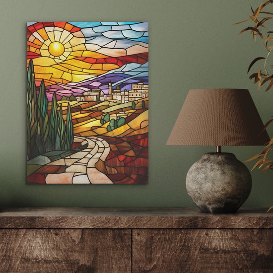 Akoestisch wandpaneel 30x40 cm - Vilt schilderij Mozaïek - Zon - Landschap - Dorp - Akoestische panelen - Geluidsdempende wanddecoratie - Geluidsisolatie woonkamer - Muurdecoratie geluidspanelen