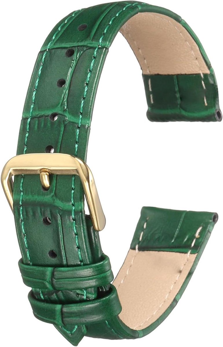 Leren horlogeband 18 mm reliëf patroon - rundleer - groen goud - vervanging - veerpennen - mannen vrouwen - 18mm - geen edelsteen.