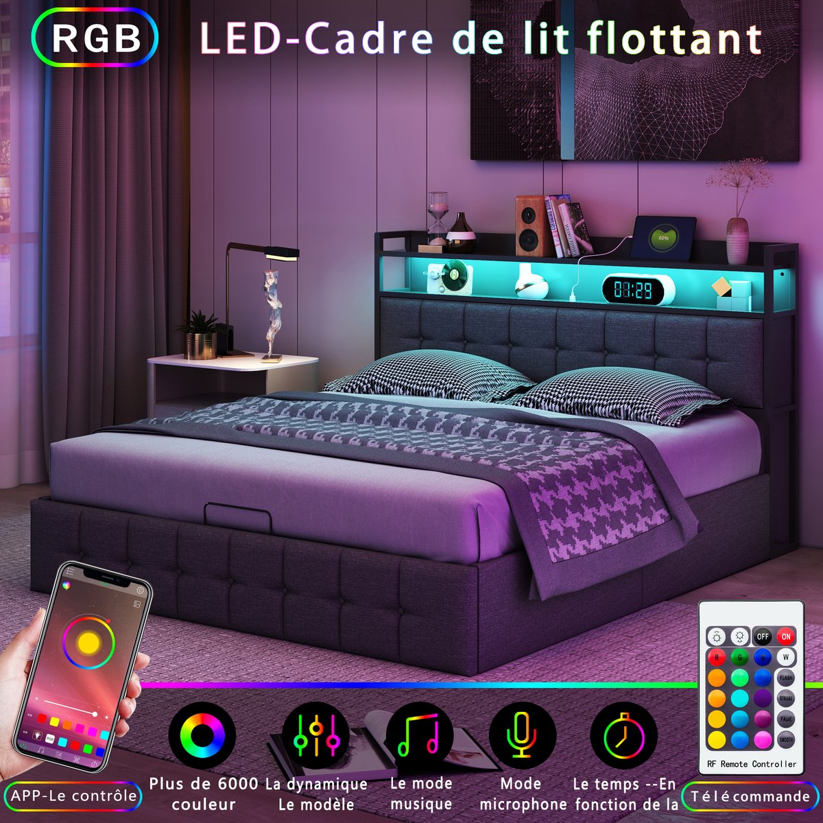 SHOPENTRA LED Opbergbed 160x200 cm met USB en Verlichting - afbeelding 3