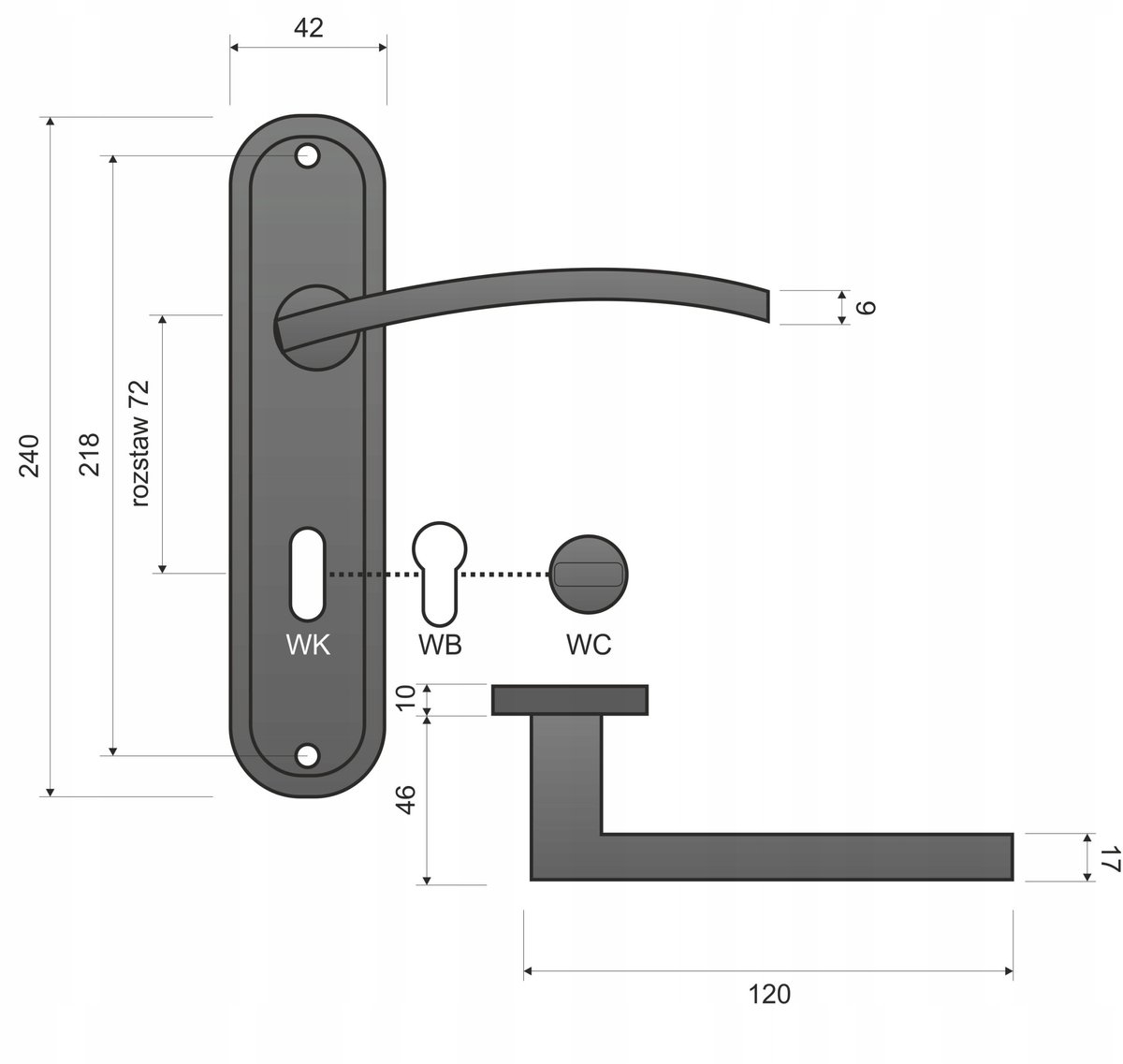 LENA WC Deurklink met Lange Schild, Patina, 72mm