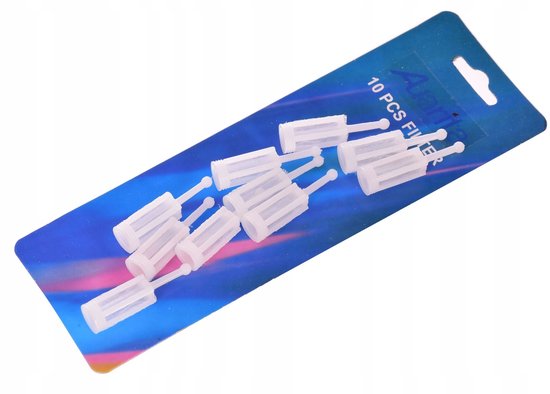 Verpakking met 10 witte filters voor Auarita verfspuit, met tekst '10 PCS FILTER'.