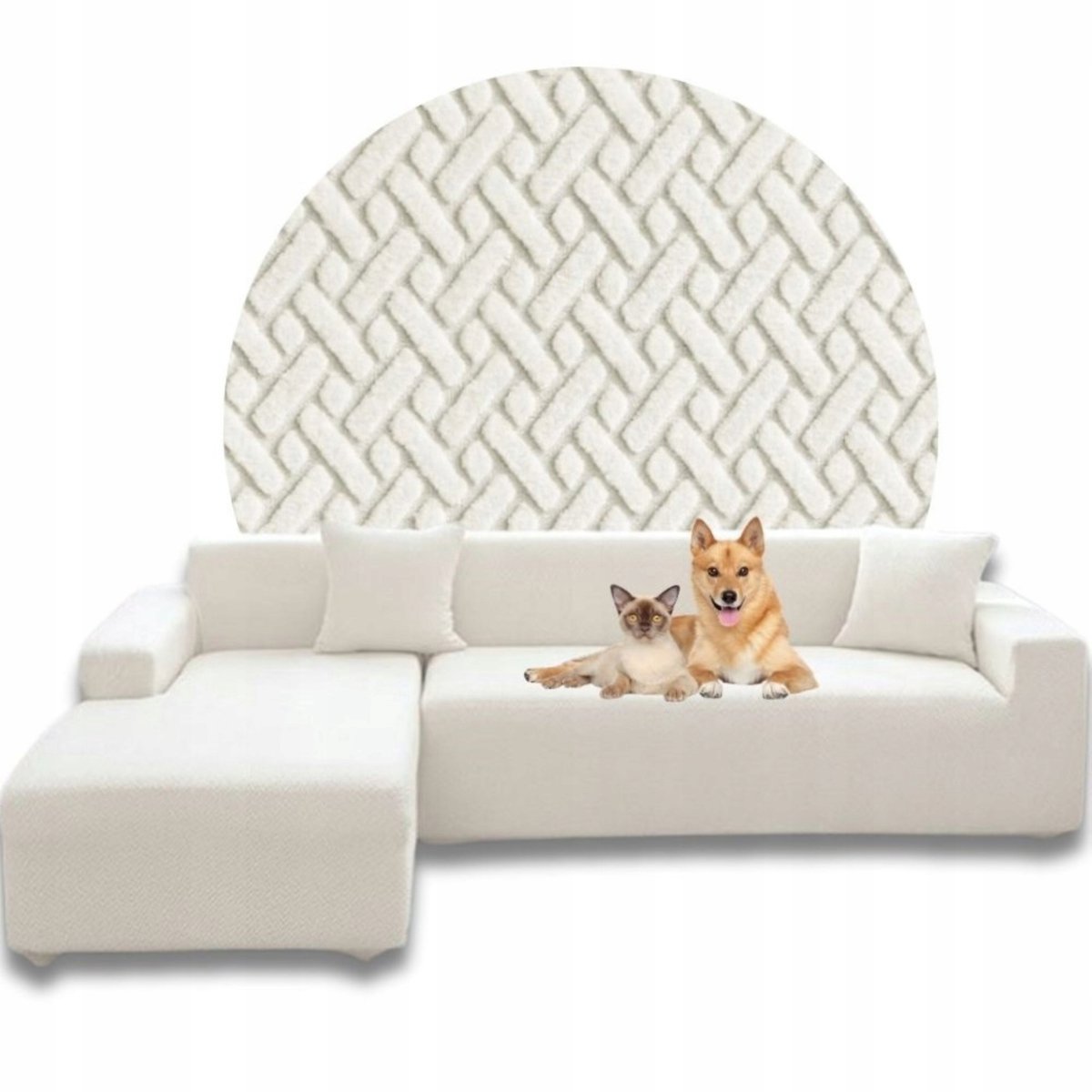 Hoes voor Hoekbank Jacquard Visgraat 145-185cm Creme OEKO-TEX