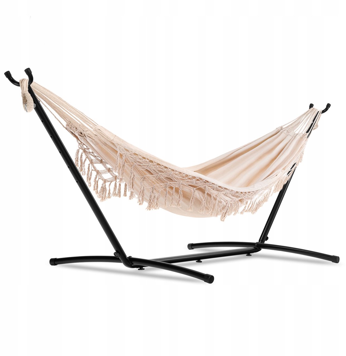 Braziliaanse Boho Hangmat met Franje & Verstelbaar Frame - Bari Zwart