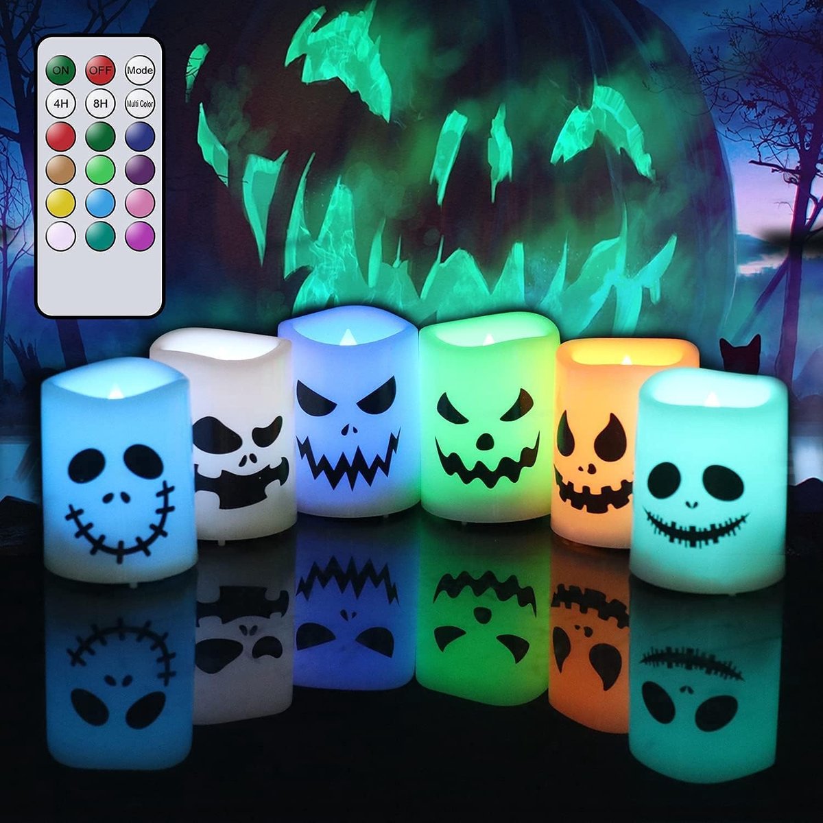 Daity Halloween vlamloze kaarsen met afstandsbediening - timer - kleurveranderend - op batterijen werkende LED-theelichtjes als Halloween-cadeau voor thuis (verpakking van 6 - 1 -5" x 2") (inclusief batterijen)