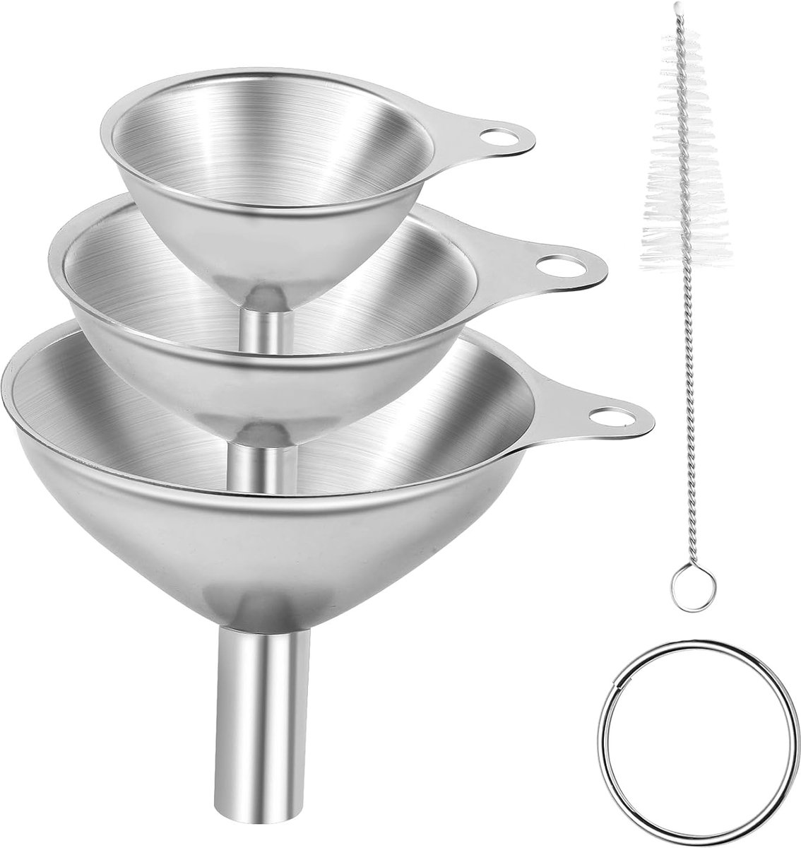 Trechters - RVS trechters - Diameter: 7,5 cm / 5,5 cm / 4,5 cm - 3 stuks - Keukengereedschap - Met 1 reinigingsborstel - Kampeerbenodigdheden - Klein - Vloeistoffen - Gieten - Gemakkelijk op te bergen
