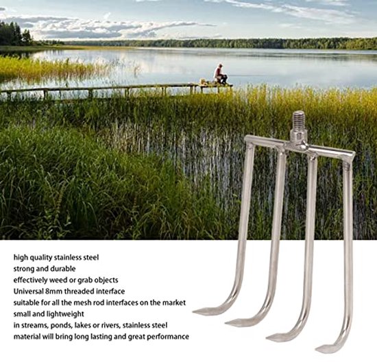 4-tands handhark, roestvrij staal, universele 8 mm struikhark, klein en lichtgewicht, gemakkelijk mee te nemen, tuinhark, onkruidhark voor in het water, handhark voor vissen in beken, vijvers, meren en rivieren (L) — afbeelding 2