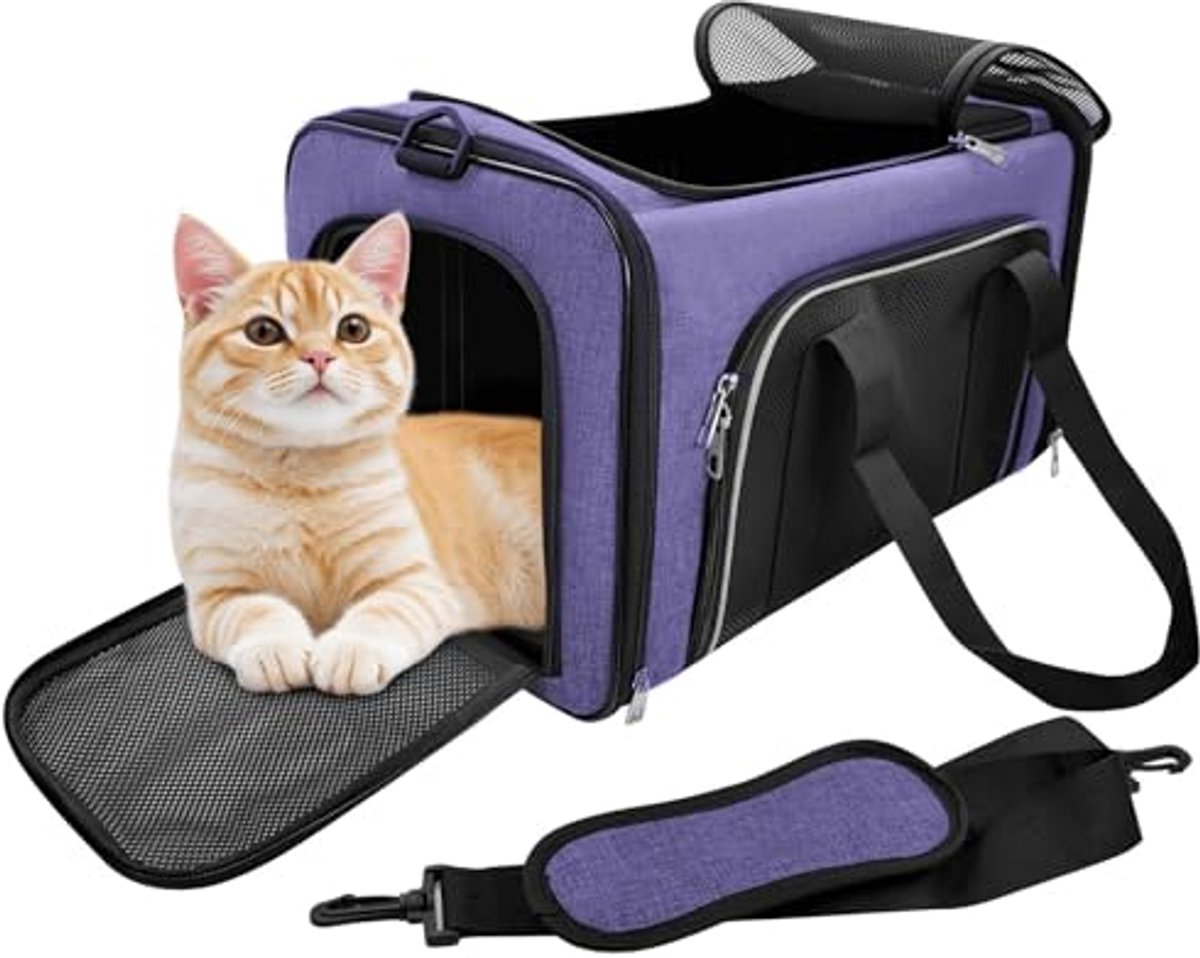 Opvouwbare Kattentransporttas voor Katten en Kleine Honden tot 10 kg - Robuust en Comfortabel met Verborgen Dakraam - 50 x 30 x 30 cm - Paarse Kleur