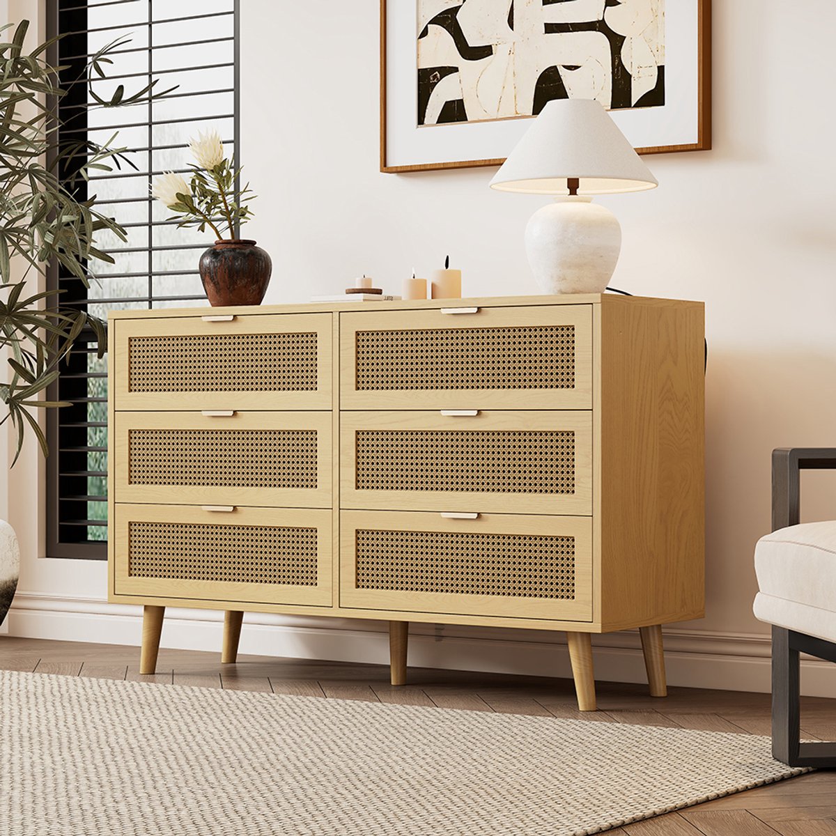 KOMHTOM BLACKCOLORS Commode met 6 laden, houten ladekast, commode met metalen handgrepen, voor slaapkamer, woonkamer, kantoor, hoge ladekast met veel opbergruimte, afmetingen: B120/H76,5/D40 cm Eiken