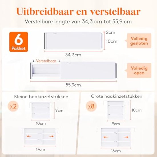 Lifewit Set van 4 hangende ladeverdelers, verstelbaar, 8 cm hoog en 25-42,7 cm lengte, lade-organizer, make-uptafel, opbergsysteem, kunststof ladeverdelers voor keuken / bureau / kantoor, wit