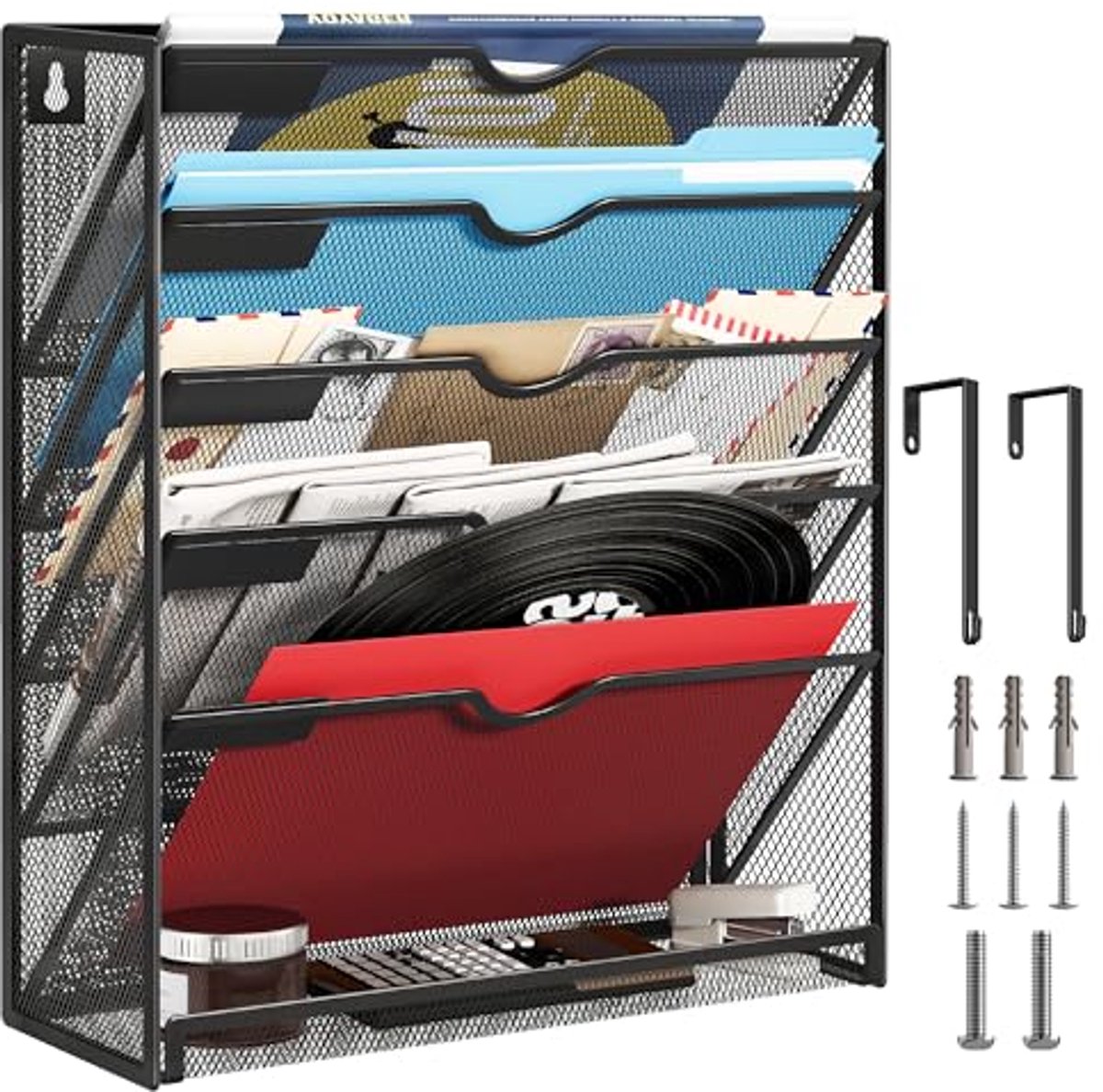 6-Tier Muur File Organizer met Haken voor Thuis en Kantoor