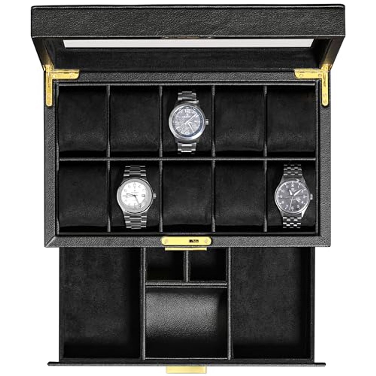 Watch Box met 10 Slots en Valet Tray - Luxe Horloge Organizer met Soft Microsuede Voering en Sluitbare Hoes