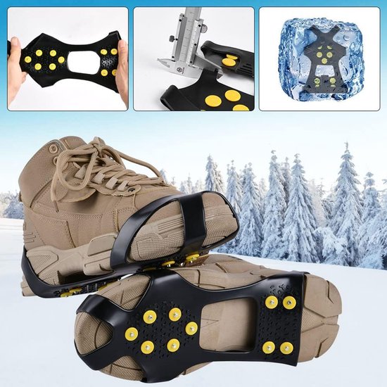 Zwarte antislip schoenklauwen met 10 gele noppen, bevestigd aan bruine wandelschoenen in besneeuwde omgeving.