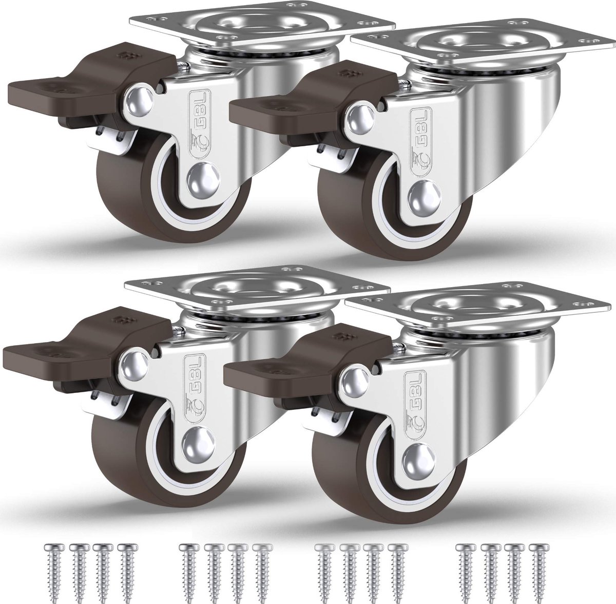GBL Heavy Duty Meubelwielen met 4 Remmen + Schroeven - 25 mm tot 40 KG - Pak van 4 Geen vloersporen Silent Caster for Furniture - Rubberen trolleywielen - Zilveren zwenkwielen