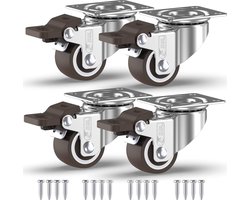 GBL Heavy Duty Meubelwielen met 4 Remmen + Schroeven - 25 mm tot 40 KG - Pak van 4 Geen vloersporen Silent Caster for Furniture - Rubberen trolleywielen - Zilveren zwenkwielen