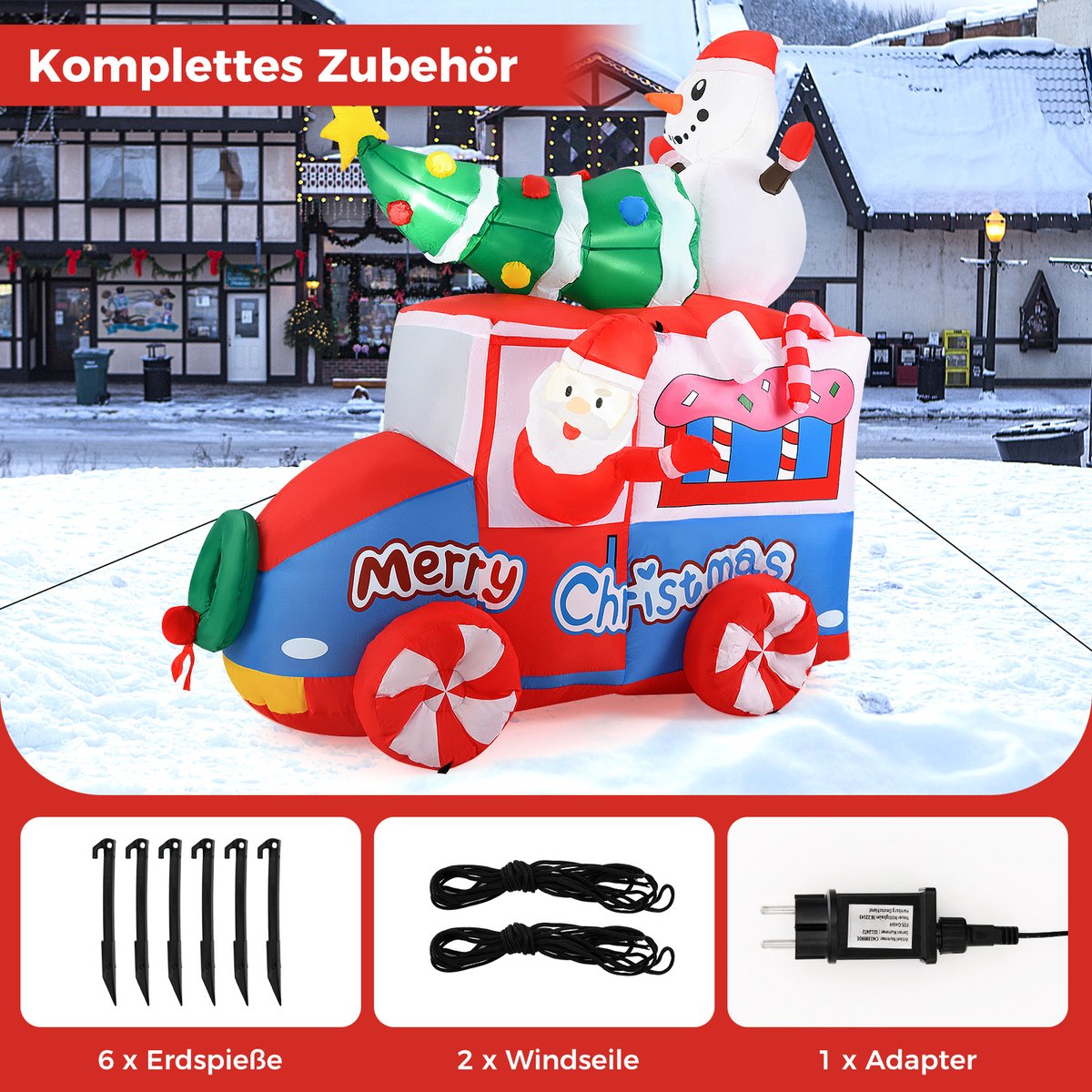 COSTWAY Opblaasbare kerstman in de auto led, kerstdecoratie met sneeuwpop en