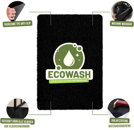 Zwarte deurmat met ECOWASH logo. Kenmerken: duurzaam, machinewasbaar, antislip, waterabsorberend.
