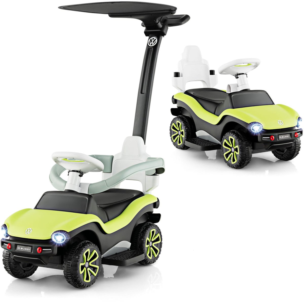 COSTWAY 3-in-1 Volkswagen glijauto, schuifauto met verstelbare duwstang en zonnedak, glijvoertuig met muziek, claxon en licht, speelgoedauto voor kinderen vanaf 1 jaar
