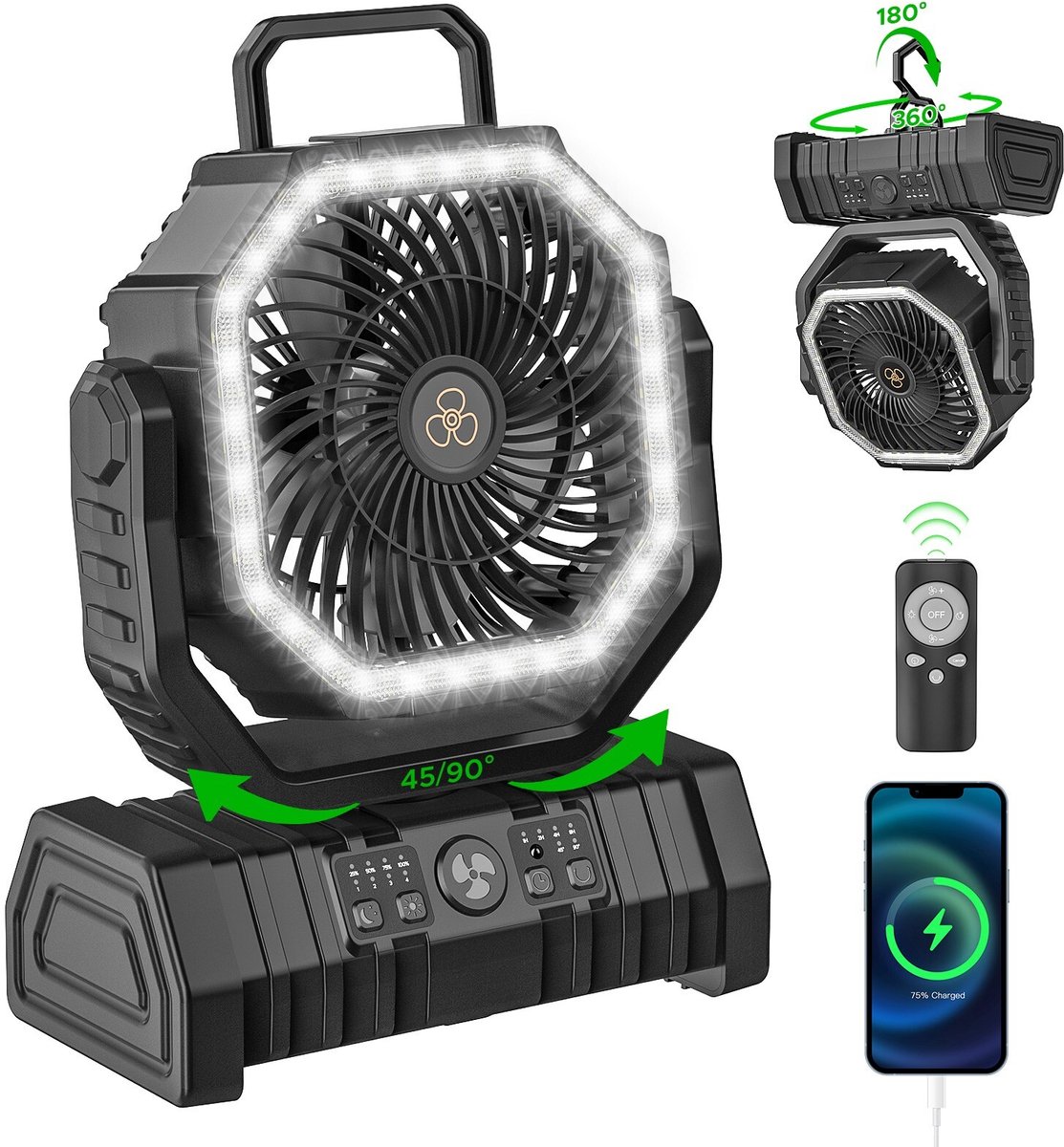 20000mAh draagbare kampeerventilator op batterijen, tentlampventilator met led-licht