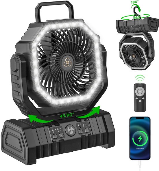 Raddy CF3 Camping Ventilator, Wiederaufladbar 20.000 mAh, Tragbar, Batteriebetrieben, 3W Solarpanel, USB-Laden, LED-Licht, 6 Stufen, 90°-Oszillation für Zelt, BBQ, Outdoor & Notfälle, Orange