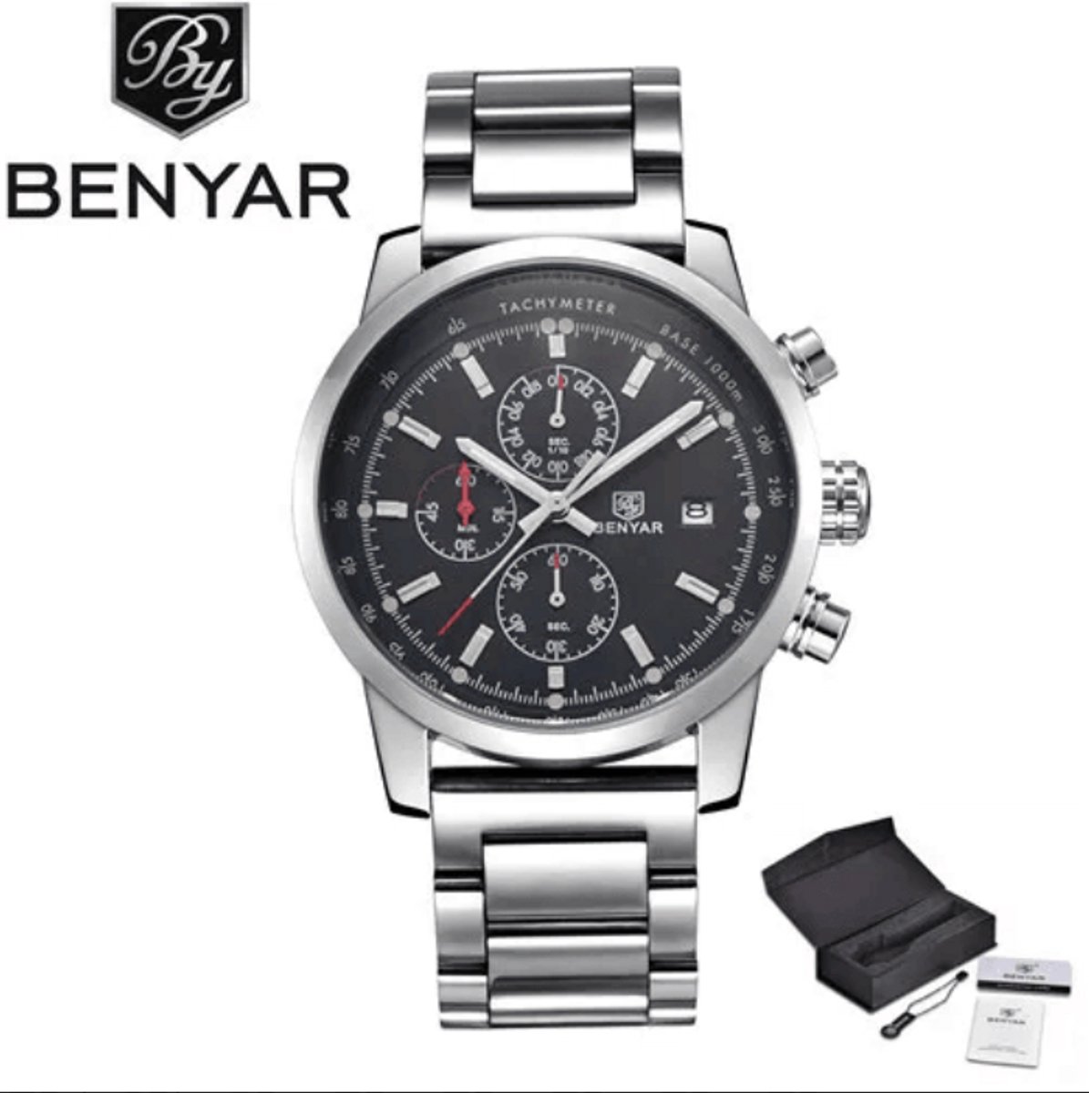 BENYAR Horloge BY-5102 - Zilver-Zwart - Heren - Quartz - Chronograaf - Stalen Band - Luxe Sportief