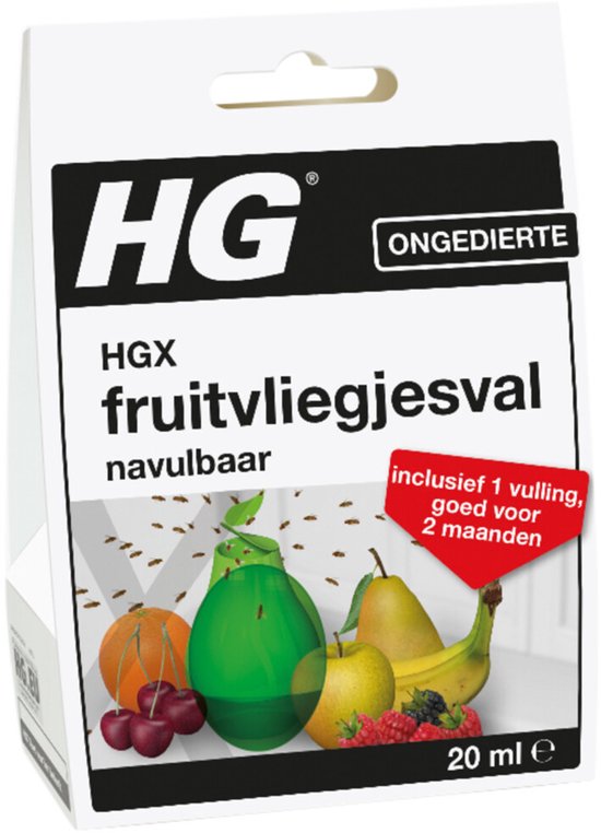 HGX fruitvliegjesval navulbaar met fruitillustraties, vliegjes en een rode tekstballon.