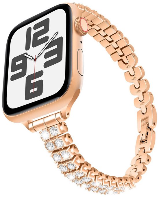 Bracelet en acier inoxydable avec pierres scintillantes - convient pour Apple Watch 1/2/3/4/5/6/7/8/9/10/11/ SE (1,2,3) avec taille 38 mm / 40 mm / 41 mm et 42 mm (Watch 10/11) - bracelet en acier - bling - or rose