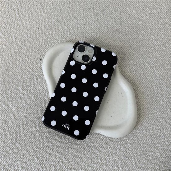 Zwart telefoonhoesje met witte stippen, met 'xoxo GWH' logo.